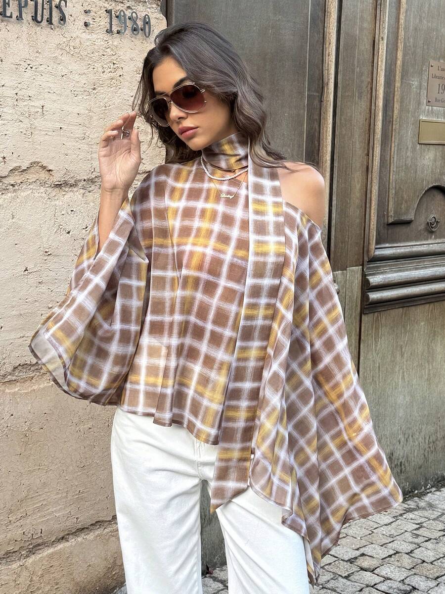 Plaid Pocket Button Casual Beach Vacation Women Tops Spring - Khaki - View 1