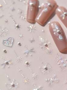 1 pieza Pegatinas de uñas con diamantes de cristal 5D Lazo láser Estrella Luna Perla Tótem Corazón 3D Adhesivo Decoración de arte de uñas japonés Pegatinas de uñas Suministros para uñas - Blanco - Ver 4