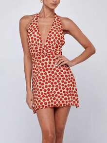 Women's Y2K Polka Dot Halter Neck Mini Dress Backless Ruched Tie Back Ruffle Hem Going Out Party Dress - Đỏ - Xem 2