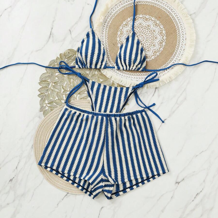 Bộ bikini kẻ sọc xuyên biên giới Âu-Mỹ mùa hè 2026 mới dành cho nữ, quần short rời, đồ bơi mùa xuân gợi cảm, thời trang đi nghỉ mát, thích hợp cho bãi biển. - Màu xanh lam - Xem 1
