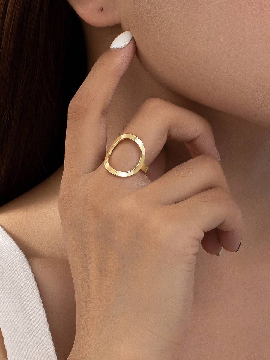 1 pieza Anillo abierto con forma de corazón geométrico minimalista, adecuado para uso diario de mujeres, Día de San Valentín, boda - Dorado - Ver 1