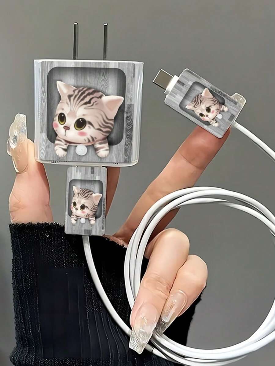 3pcs Set Of Cute Cat, Bear, White Floral Design Protective Cases Compatible With Apple 20W Charger And Charging Cable - Multicolor - View 1