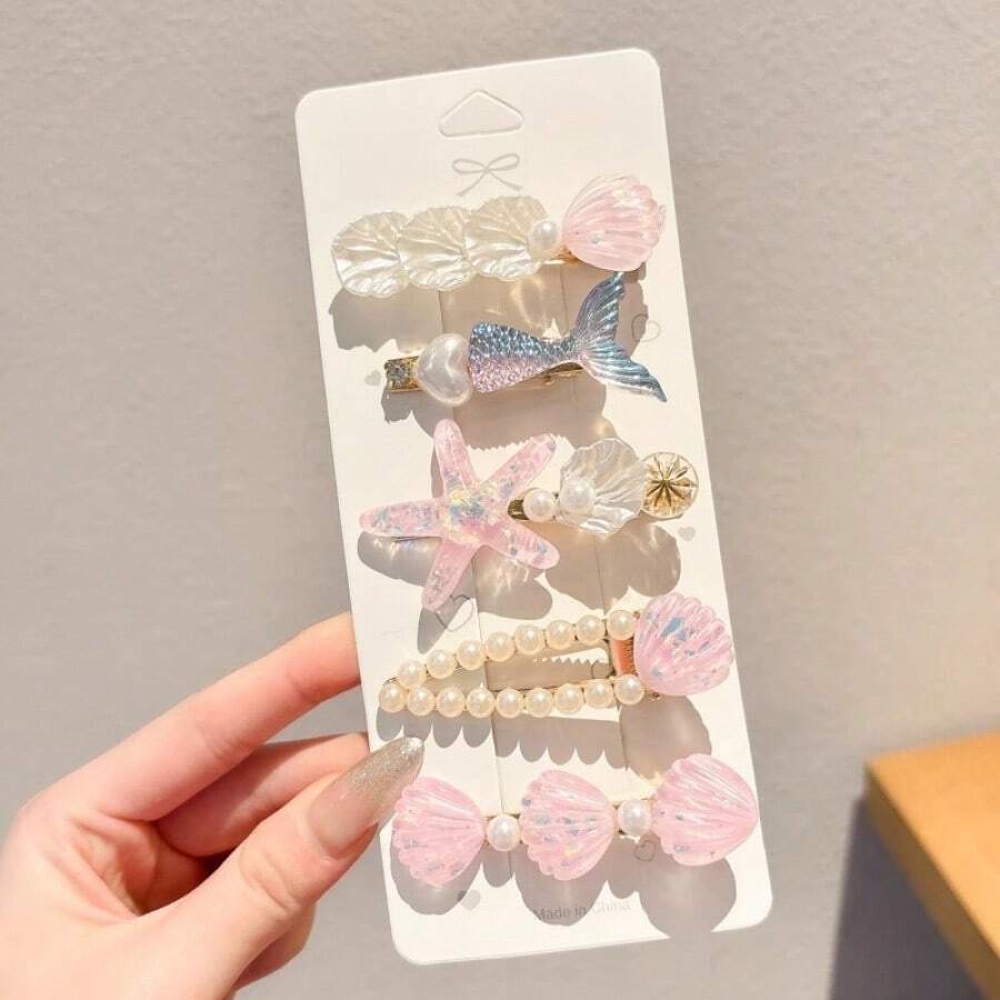 5 Pieces Ocean Style Sweet Shell Starfish Hair Clips Cute Mermaid Duckbill Clips Fashion Hair Accessories New Style - Bộ 5 món Nàng Tiên Cá Xanh - Xem 1