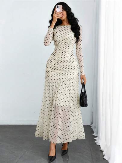 Women's Gothic Sexy & Elegant Modern Contrast Stripe Asymmetrical Ruffle Waist Double-Layer Mesh Long Sleeve Dress, Suitable For Dates, Vacations And Daily Commute Spring