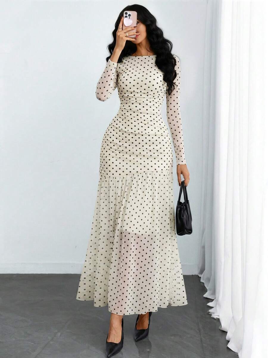 Women's Gothic Sexy & Elegant Modern Contrast Stripe Asymmetrical Ruffle Waist Double-Layer Mesh Long Sleeve Dress, Suitable For Dates, Vacations And Daily Commute Spring - Apricot - View 1