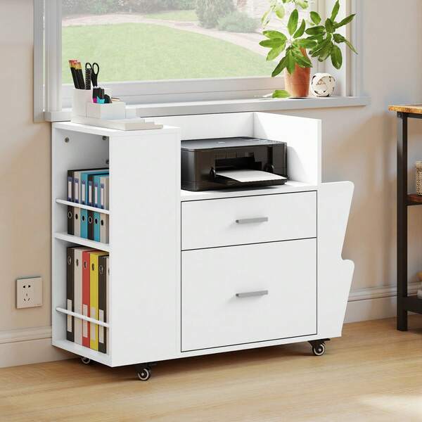 Rolling Aktenschrank mit Seitenhaltern und 4 Rädern, Aktenschrank mit verstellbaren Hängestängen für A4 / Brief Dokumente, Druckerstander für Home Office -by GeoTower