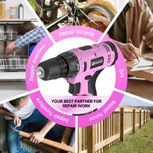 FADAKWALT Cordless Lithium-Ion Drill Set, 12V Electric Drill Set, Pink Electric Drill With Battery And Charger, 3/8-Inch Keyless Chuck With 21+1 Torque Gear Setting, Suitable For Women's Gardening DIY Projects, Home Decoration Maintenance And Other Electric Tool Sets - Xem 9