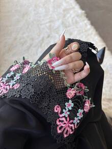 2pcs Elegant Muslim Set - Embroidered Lace Chiffon Robe With Belt, Long Sleeve Lining Dress - Classic Black - View 4