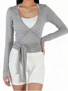 Women's Ballet Wrap Tops V Neck Long Sleeve Slim Fit Self Tie Workout Pilates Yoga Wrap Tops Y2k Dance Shirt - 灰色 - 查看 1