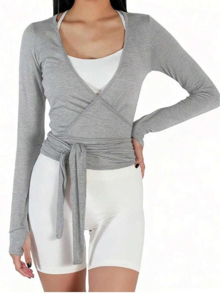 Women's Ballet Wrap Tops V Neck Long Sleeve Slim Fit Self Tie Workout Pilates Yoga Wrap Tops Y2k Dance Shirt - 灰色 - 查看 1