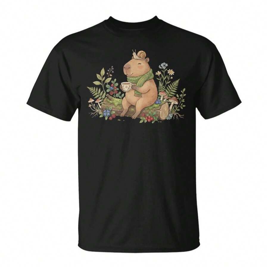 Cute Cottagecore Capybara Tea And Snail Forest Mushroom-Shirt Unisex Cotton Black Printed Short Sleeve-Shirt, Vintage Street Style Casual Versatile Top Tee. - 黑色 - 查看 1