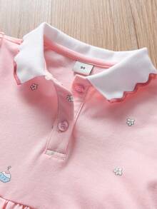 Vestido casual y lindo de vacaciones con estampado de flores y dibujos animados, con botones y volantes para niña joven - Rosa - Ver 4