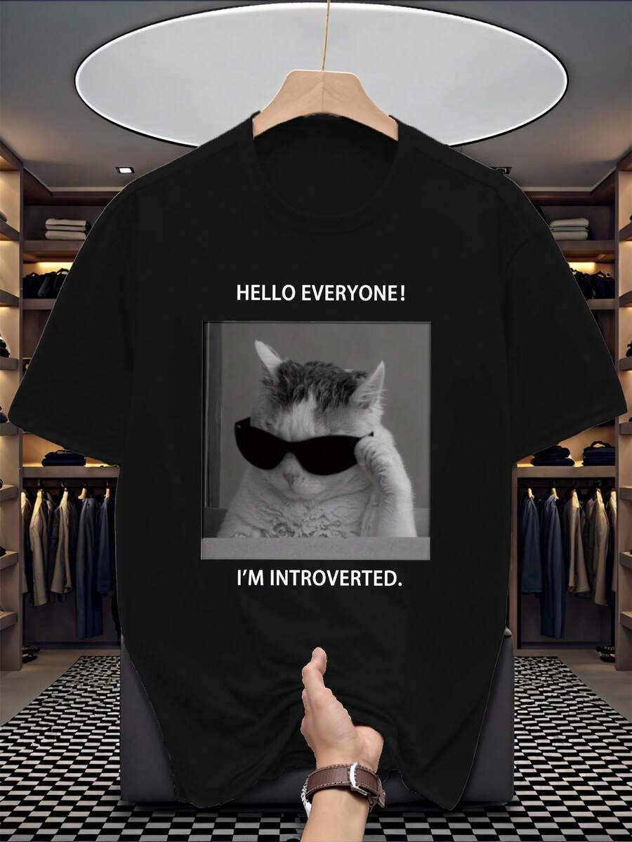Men's New Casual Sports T-Shirt - Lightweight & Comfortable, Featuring Introverted Fashion Glasses Cat Graphic Print, Suitable For Outings, Hangouts, Outdoor Travel, Sports, Gym Workouts, And Everyday Casual Wear - Black - View 1