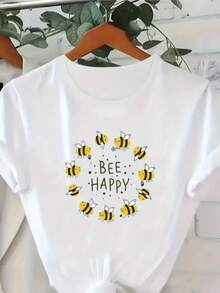Camiseta Feminina Premium 100% Algodão Confortável Estilosa Soifisticada Modelo: Abelinhas Be Happy - Novidade Promoção Especial - Branco - Visão 1