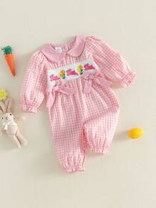 Pelele de Pascua para niña pequeña, cuello de muñeca, manga larga abullonada, con estampado de conejito, bordado floral, mono a cuadros - Rosa - Ver 2