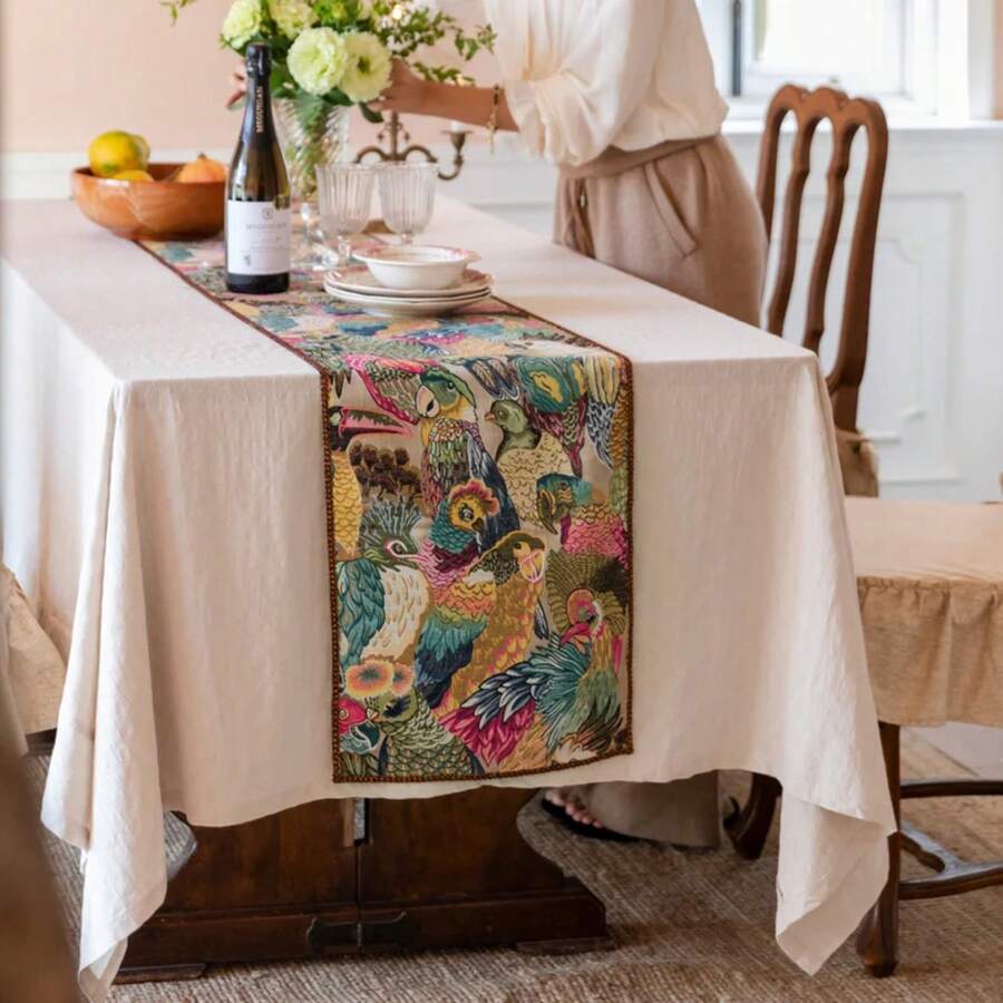 Rainforest Parrot Table Runner, Jacquard Cotton, Bohemian Decor - A - View 1