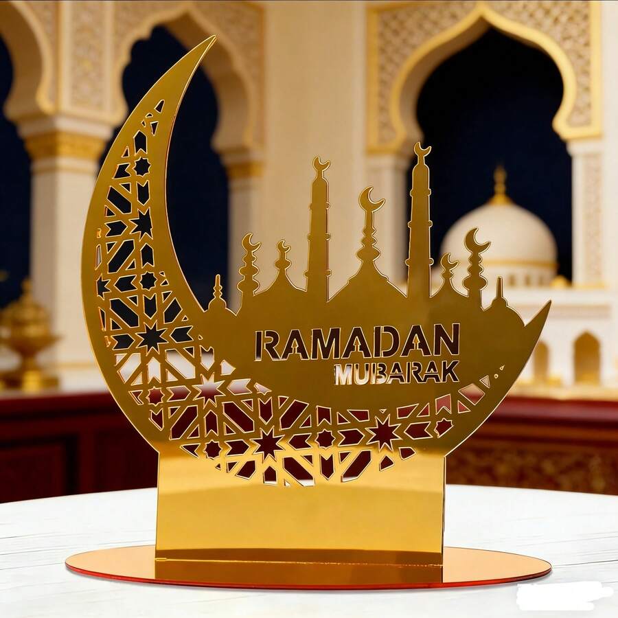 1pc Ramadan Table Decor, Crescent Moon Castle Desktop Decoration, Eid Mubarak Acrylic Ornament, Suitable For Ramadan, Eid Al-Fitr Islamic Holiday Party Home Dining Table Art Craft Decor - Multicolor - View 1