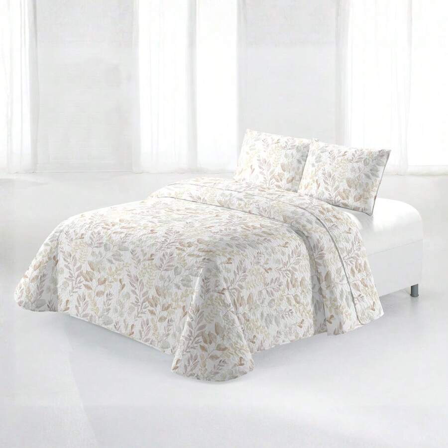 Juego De Colcha Boutí Estampada De 2/3 Piezas -Incluye Colcha Boutí Y Funda De Almohada- 10 Estampados Diferentes -Floral, Geométrico, Damascos...- 5 Medidas Diferentes: Cama de 90cm, 105cm, 135cm, 150cm y 180cm - Hojas beige-gris - Ver 1