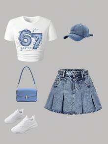 Youth Girl Cartoon Print Short Sleeve Top And Denim Skirt Set - White - View 2