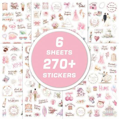 6pcs Elegant Pink Wedding Decorative Stickers, Suitable For Decorating Wedding Albums, Guest Books, Engagement Diaries, Party Favors, Wedding Invitations, Cards, Planners. Waterproof DIY Romantic Stickers.