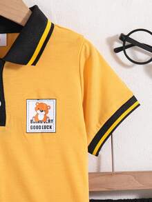 2pcs/Set Toddler Boys' Casual Cartoon Print Decorated Button Design Polo Collar Short Sleeve Top And Shorts Set, Spring/Summer - Yellow - View 6