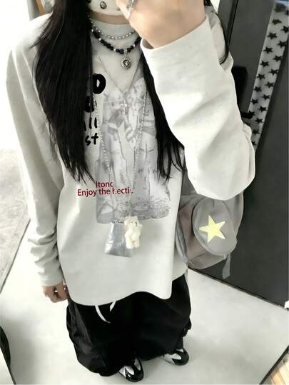 Petite Women's Casual Graphic Print Long Sleeve Crew Neck T-Shirt, Autumn/Winter