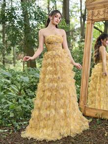 Elisanya Ruffle Bust Sweetheart Neck Layered Mesh Ruffle Hem Cocktail Dress Party - Yellow - View 5