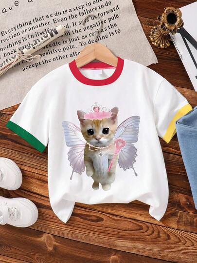 Camiseta gráfica de manga corta de estilo casual y holgado con cuello redondo para niñas, con diseño de alas de gato y mariposa - un regalo de verano perfecto, adecuado para la escuela, los viajes, las fiestas y al aire libre