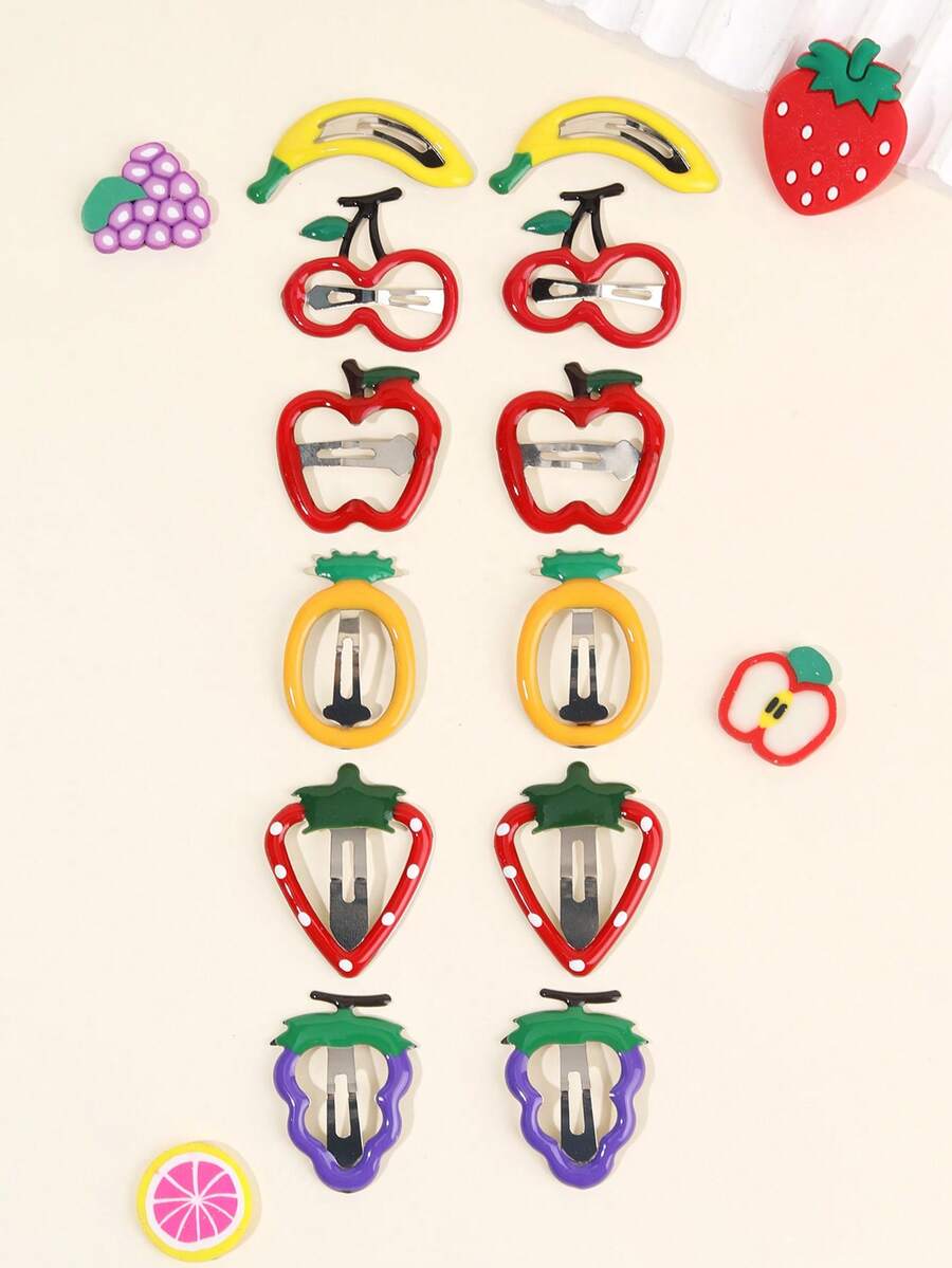 Bộ 12 kẹp tóc hình trái cây nhiều màu sắc, gồm dâu tây, anh đào, táo, chuối, nho, kiểu Y2K màu đỏ, tím, vàng, quà tặng dễ thương cho bé gái, phụ kiện tóc mùa xuân/hè. - Nhiều màu - Xem 1