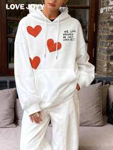 LOVE JOYY Women's Drawstring Hooded Sweatshirt With Pockets, Casual & Comfortable, Heart & Letter Graphic, Suitable For Spring Parties And Daily Outings, White Top - White - View 3
