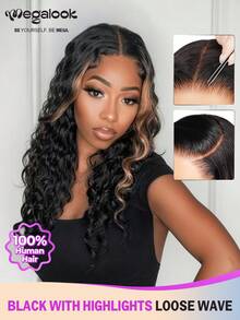 MEGALOOK 18英寸黑色挑染自然波浪卷发，100%真人发，13x4蕾丝前假发，透明蕾丝彩色假发 - 自然逼真，适合日常佩戴，可打造办公室、僵尸新娘、万圣节、派对、Y2K风格、度假、户外角色扮演、校园、学校假期、圣诞节、派对、婚礼、节日等各种造型，适合女性。 - SNATURAL/30 - 查看 1