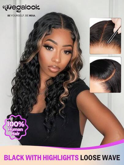 MEGALOOK 18 tum svart med slingor lösa vågor 100 % äkta hår 13x4 spetsfrontperuker transparenta spetsfärgade peruker - naturligt utseende dagligen bruk kontorsredo Corpse Bride Halloween-vibbar feststil Y2K Baddie semesterkläder utomhus cosplay campus skola helgdag julfest bröllop festivalredo för kvinnor