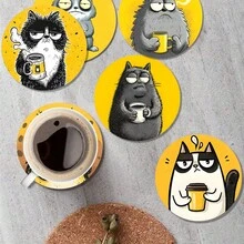 1 Set/6 Pieces Abstract Cat-Themed Wooden Coasters - Wooden Drink Coasters For Coffee Tables, Elegant Protective Pads, Cozy Home Gift, Wooden Coasters - Wooden Board-circle Coaster - View 3
