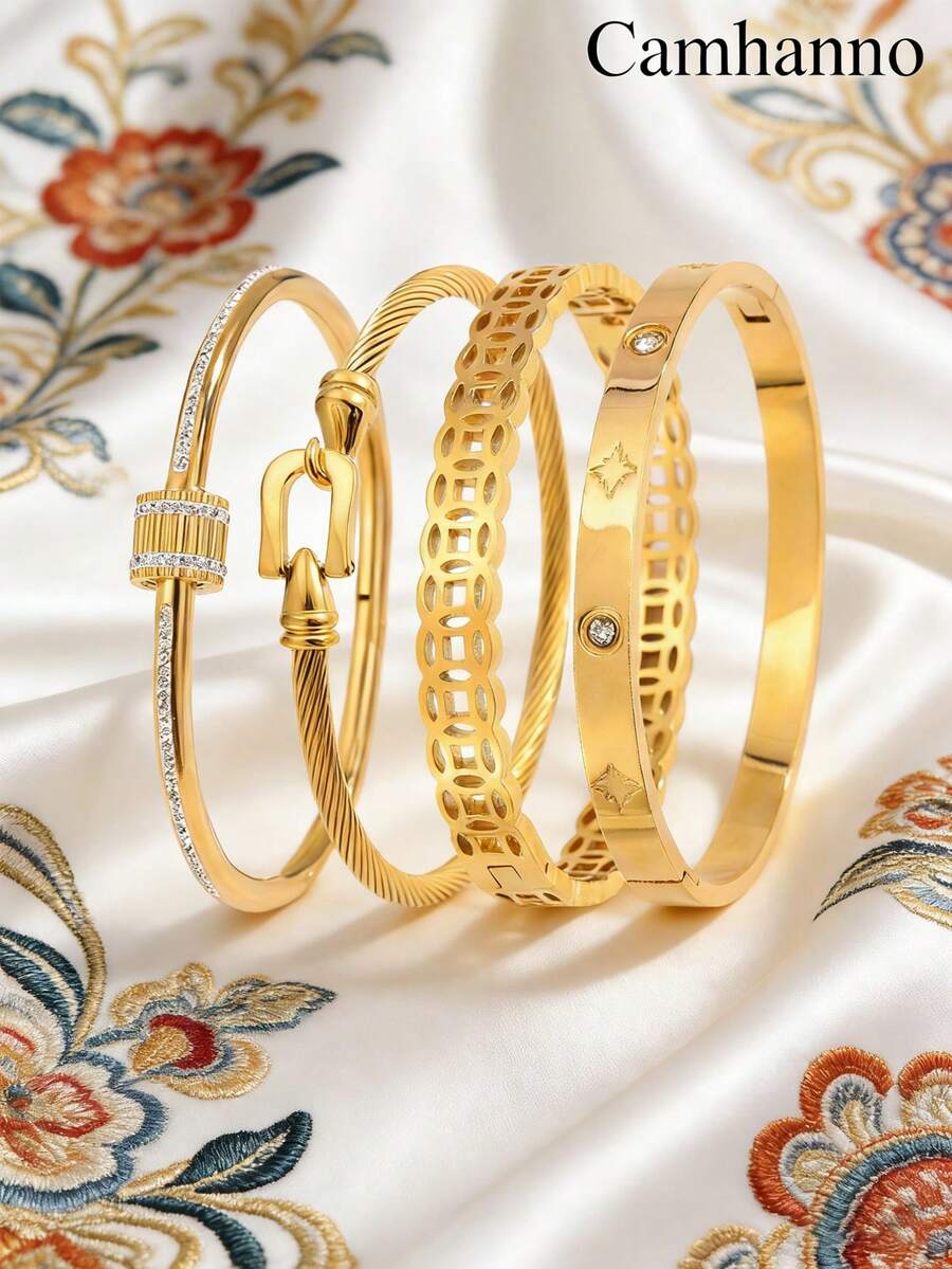 Camhanno 4/1pc Golden Jewelry Set, Luxurious And Modern Stainless Steel Bangle, Suitable For Dating, Party Gatherings, Daily Commuting, Special Valentine's Day Gift With Unique Woven Patterns, Twisted Rope Details And Sparkling Accents, Bold And Elegant Piece That Adds A Touch Of Luxury And Romance To Your Ensemble, Designed To Make You Feel Confident And Stylish No Matter The Occasion - Gold - View 1