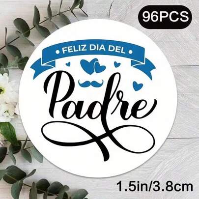 96 unidades de pegatinas redondas, adecuadas para el Día del Padre, de tamaño 1.5x1.5 pulgadas, diseñadas con corazones azules y patrones de bigote. Muy apropiadas para celebrar este día especial