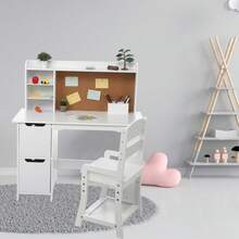 Juego de computadora y Silla para niños y niñas, Mesa de Escritura de Madera para niños con estantería, tablón de anuncios y gabinetes para Edades de 3 a 8 años - Blanco - Ver 1