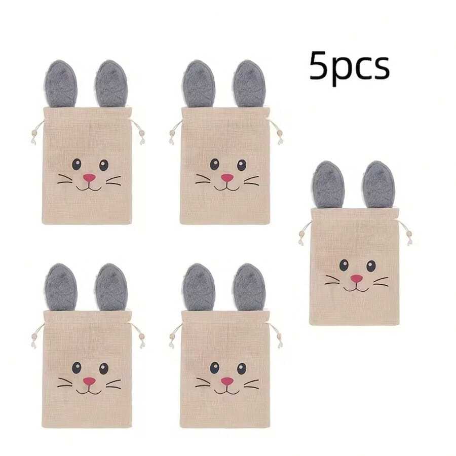 5pcs Easter Bunny Drawstring Bags, Easter Bunny Party Gift Bags With Fluffy Bunny Ears, Burlap Bags - Multicolor - View 1
