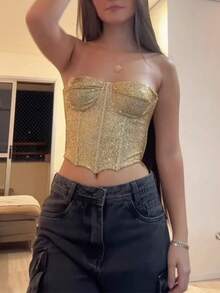 Stylish Strapless Glitter Corset For Women - Gringa Style - Vàng - Xem 1