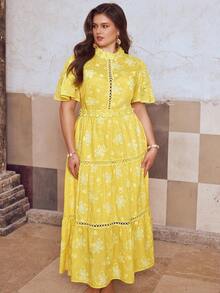 Simplee Plus Size Women's Spring/Summer New Elegant Floral Embroidery Decor Short Sleeve Ruffle Patchwork Maxi Dress, Suitable For Party And Wedding - Yellow - View 7