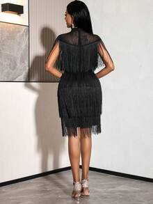 Women's Elegant Black Fringe Dress, Sheer Lace High Neck Vintage Flowing Fringe Dress, Suitable For Cocktail Party And Formal Occasions - màu đen - Xem 3