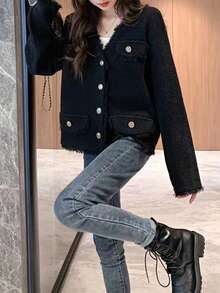 女士优雅流苏设计开衫毛衣，秋冬黑色 - 黑色 - 查看 3