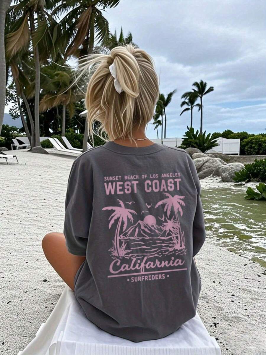 Round Neck Short Sleeve T-Shirt For Women, Summer New Printed Loose Casual Versatile Top, Letter Pattern, Adult Women's Fashion Short Sleeve T-Shirt, Letter Print T-Shirt, Regular Round Neck, Breathable Fabric - 深灰色 - 查看 1