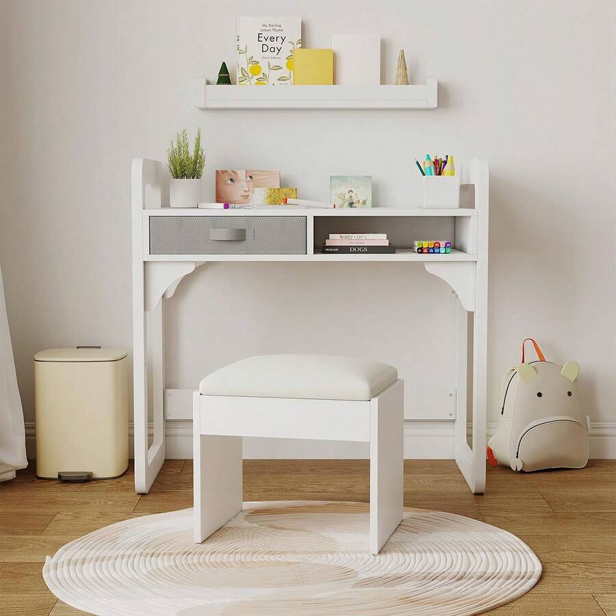 Kids Desk And Chair Set, Study Desk For Boys And Girl, Wooden Kids Writing Table With Cloth Drawers And Pen Holder - White - View 1