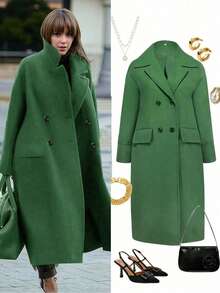 Casual Autumn/Winter Women's Wool Blend Turndown Collar Long Coat, Commuting Elegant Outwear - Green - View 1