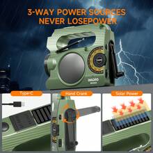 Emergency Hand Crank Radio, Weather Radio With Antenna, SOS Alarm And Reading Lamp, Flashlight, Weather Alert, Solar Powered, Ideal For Home, Gift, Survival Gear - Army Green - View 5