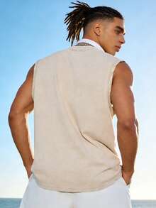 Men's Solid Color Vests, Tops Washed With Washing Technology, Suitable For Spring, Summer And Autumn, Street Hip-Hop Personality Vests,100% Cotton,Moisture-Wicking - 杏色 - 查看 2