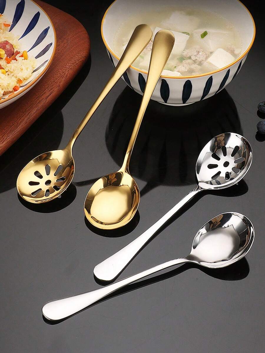 1pc Stainless Steel Thick Serving Spoon, Long Handle Soup Ladle With Holes For Home Use - Multicolor - View 1