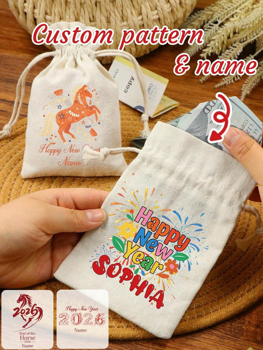 LICVIC Custom Drawstring Gift Bag With Festive Design And Name, Personalized Keepsake Pouch, Celebrations And Surprises, Customized Money And Note Holder For New Year Moments, Happy Bride, Customizable Small Bag Ideal As Thoughtful Present, Family, Friends - Multicolor - View 1