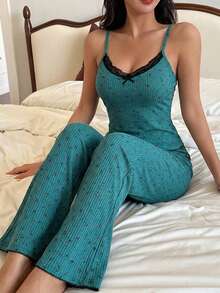 Contrast Lace Detailed Relax Sexy PJ Set - Teal Blue - View 1