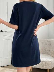 Cotton Line Women Round Neck Short Sleeve Comfy Sleep Dress - Navy Blue - View 3